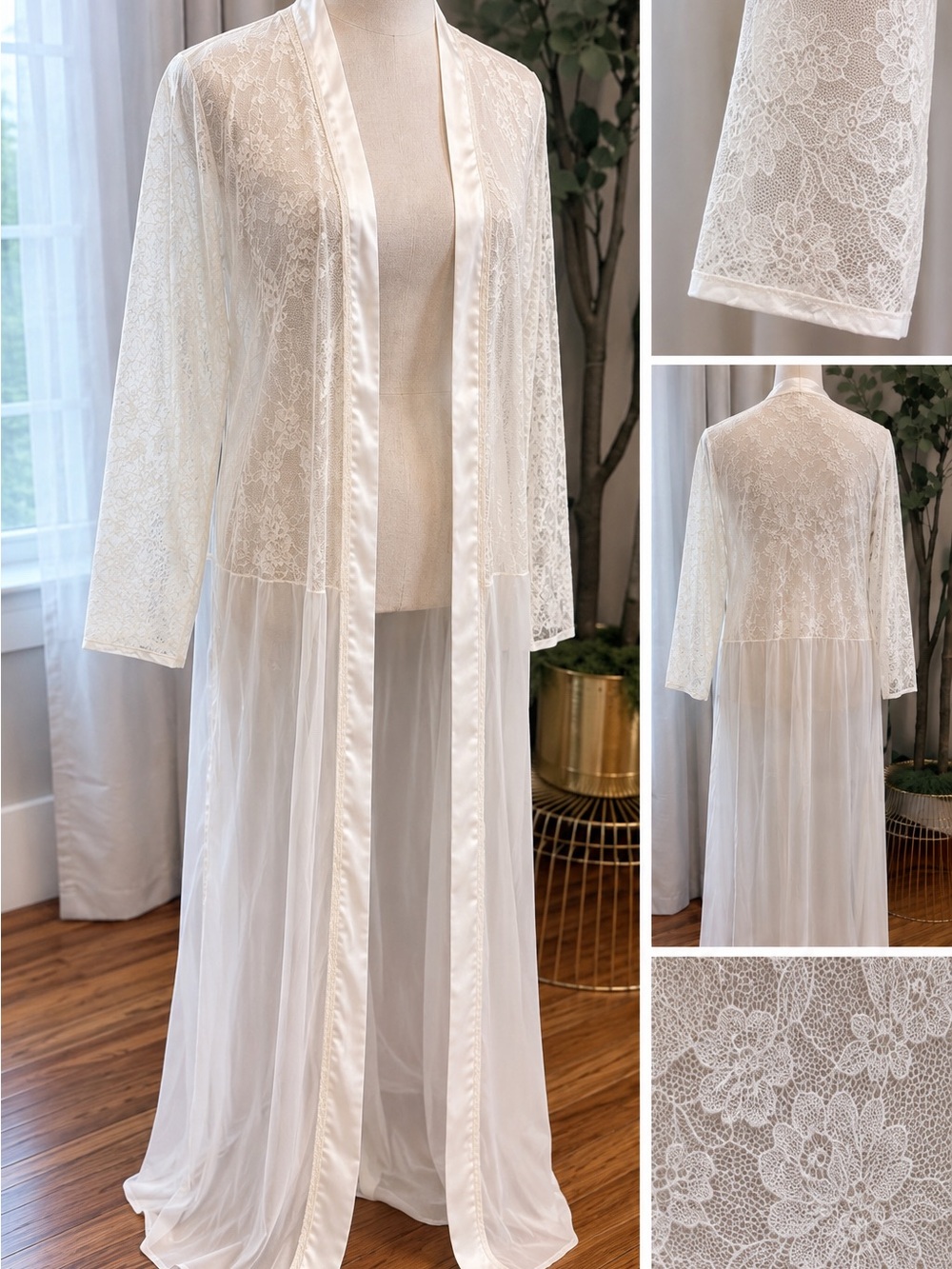 Vintage Linea Donatella Elegant Lace and Sheer Long Bridal Robe - White L/XL